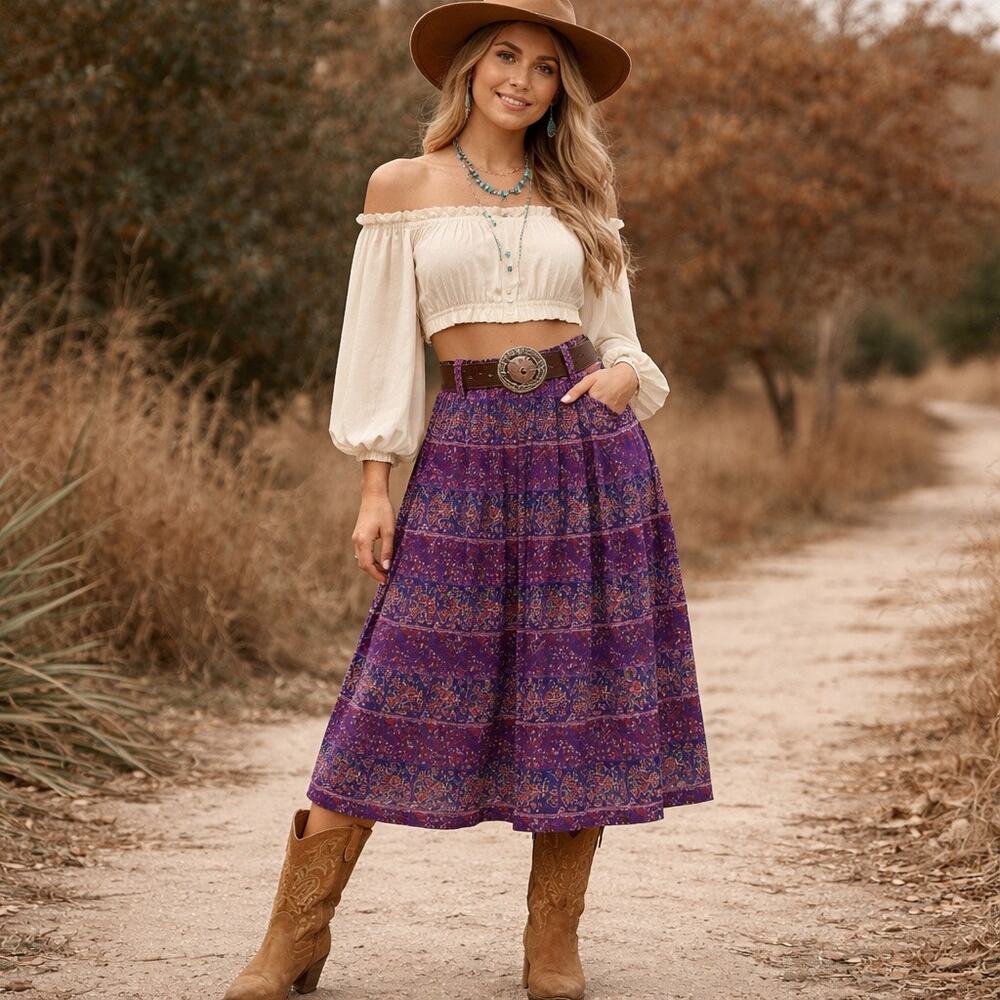 Vintage 90s Purple Boho Western Midi Skirt Women’s 12